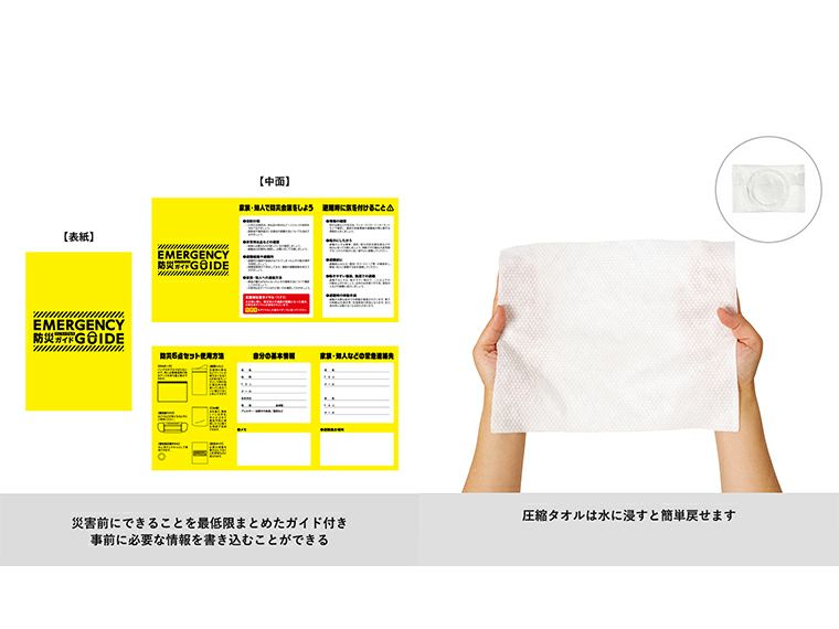 防災衛生6点セット　ポーチタイプ　クリアの防災ガイドと広げた圧縮タオル