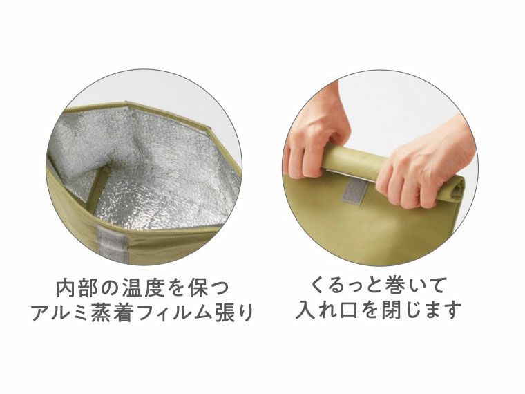 内側はアルミ蒸着仕様、口元はくるっと巻いて閉じます
