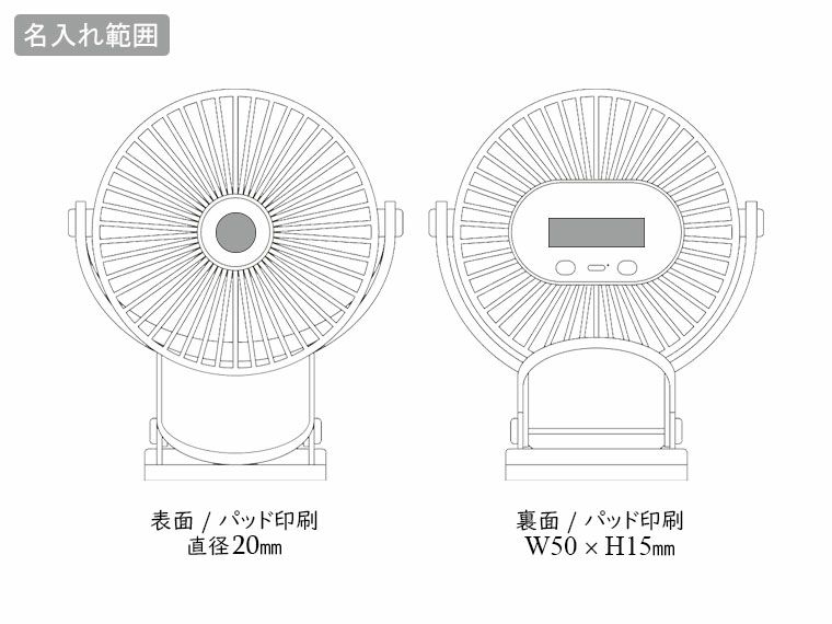 チャージ式3WAYクリップファンの名入れ範囲