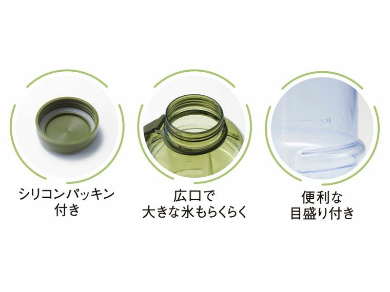 広口で大きな氷OK,フタはパッキン付き、ボトルにはメモリ付き