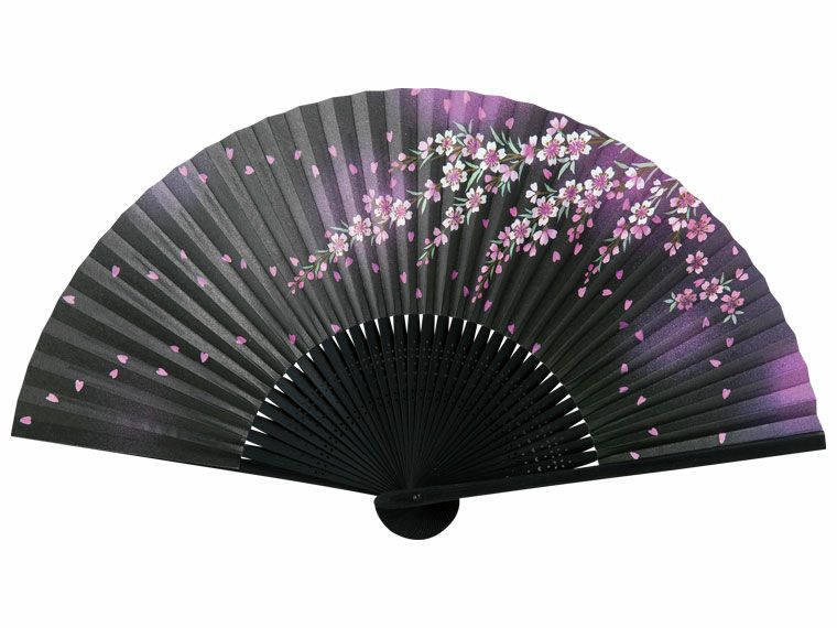  【婦人用】紙扇子　黒染中彫　黒地 しだれ桜　香り付