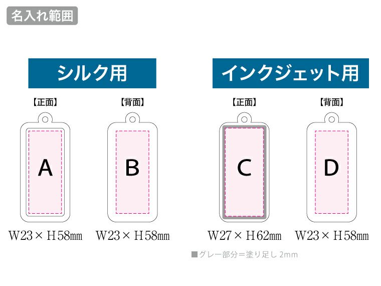ラバーキーホルダー（スクエア型）の名入れ範囲