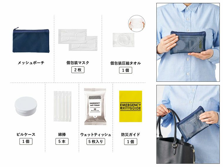 防災緊急７点セット　メッシュポーチタイプ　ネイビー