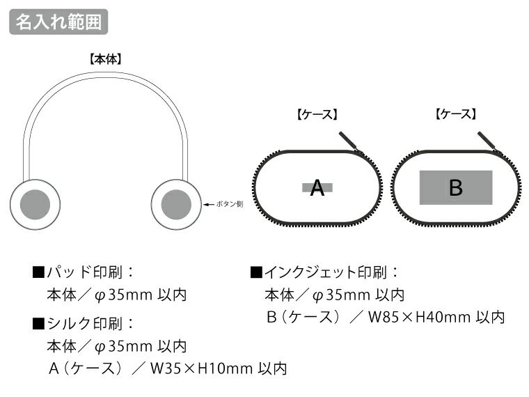 折りたたみネックUSBファン　ホワイトの名入れ範囲