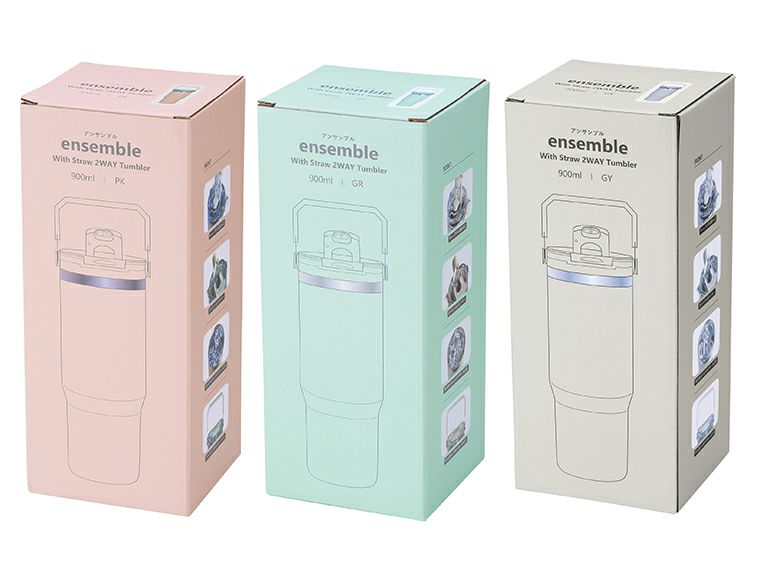 アンサンブル ハンドル付き真空二重2WAYタンブラー（ストロー付き）パッケージ姿