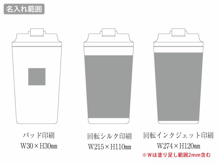 リッド付ステンレスサーモタンブラー450mlの名入れ範囲
