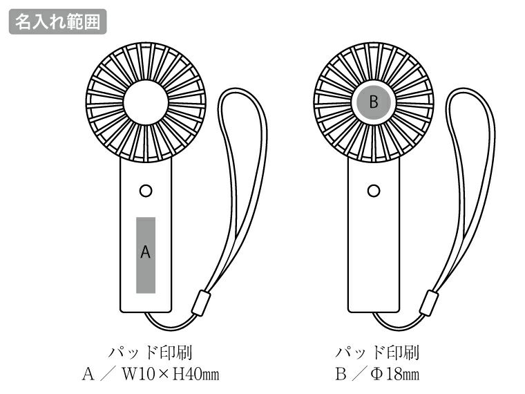 オーロラ充電式ハンディファン（ストラップ付き）の名入れ範囲