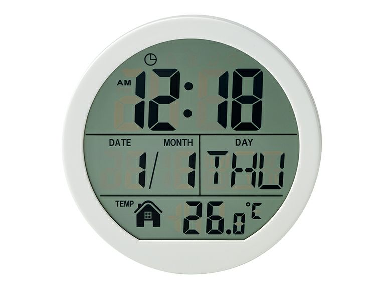 表示が見やすい丸時計は大きなデジタル表示で多機能仕様です。